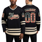 Custom Black Vintage USA Flag-Cream Hockey Jersey worn front and back
