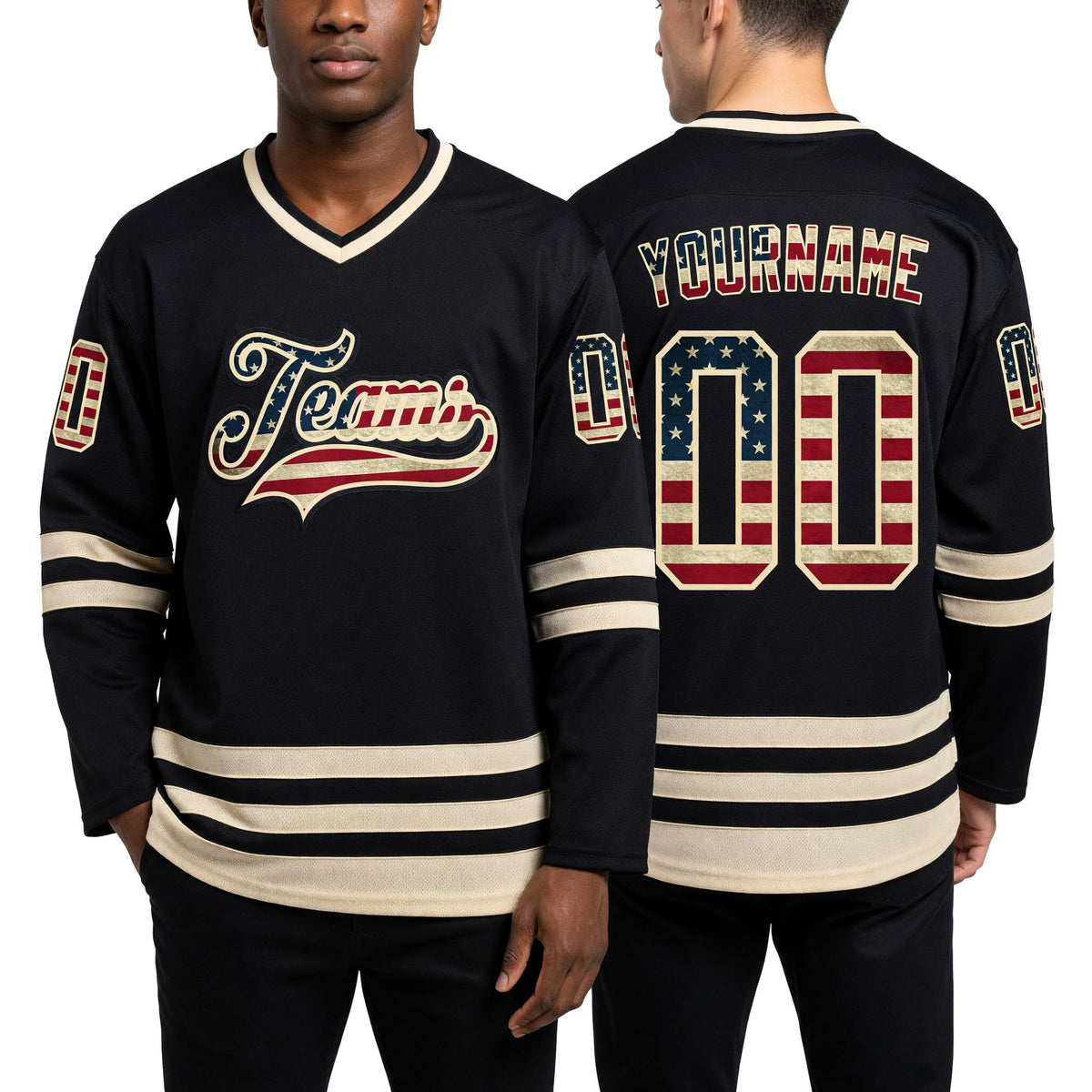 Custom Black Vintage USA Flag-Cream Hockey Jersey worn front and back