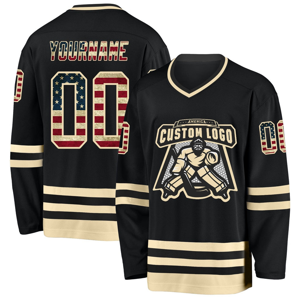 Custom Black Vintage USA Flag-Cream Hockey Jersey photo 2