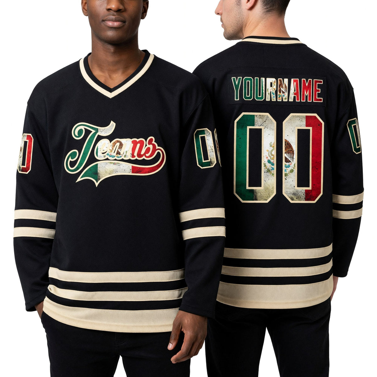 Custom Black Vintage Mexican Flag-Cream Hockey Jersey worn front and back