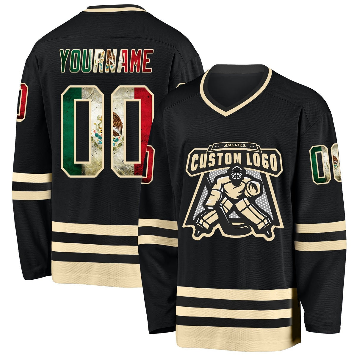 Custom Black Vintage Mexican Flag-Cream Hockey Jersey photo 2