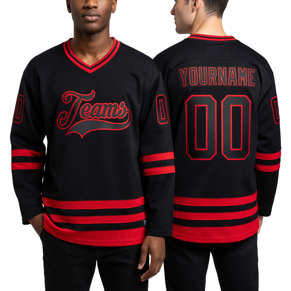 Custom Black Red Hockey Jersey worn front and back