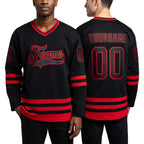 Custom Black Red Hockey Jersey worn front and back