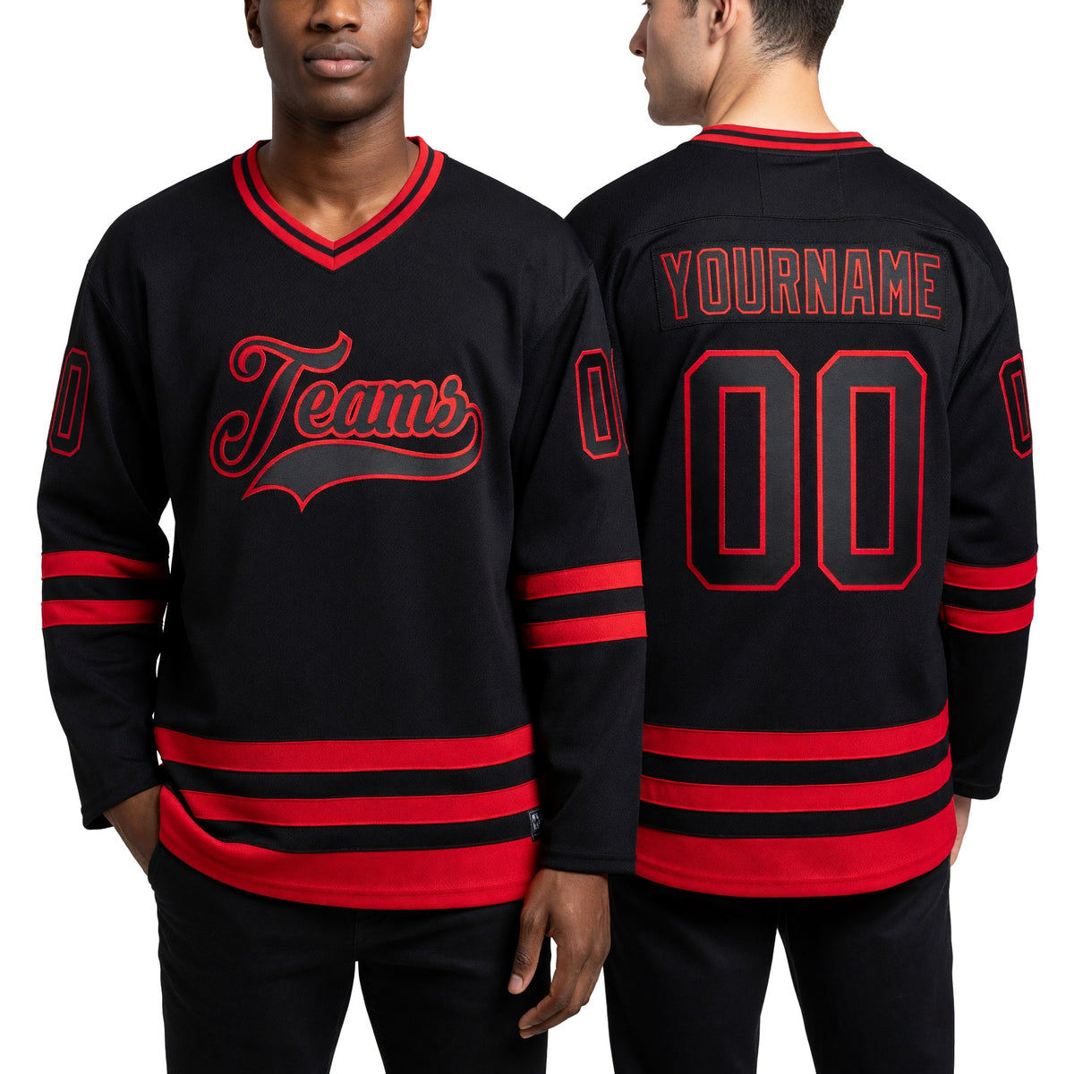 Custom Black Red Hockey Jersey worn front and back