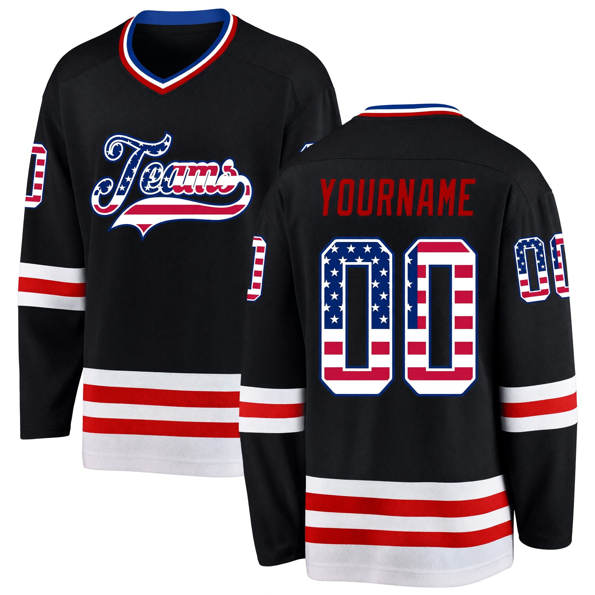 Custom Black USA Flag Royal-Red Hockey Jersey