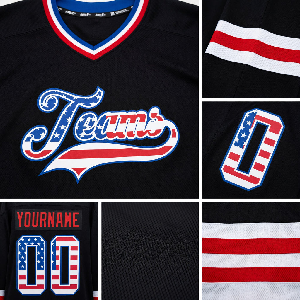 Custom Black USA Flag Royal-Red Hockey Jersey detail
