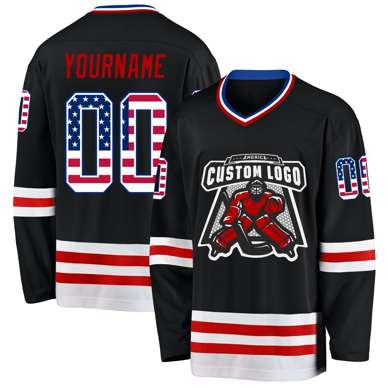 Custom Black USA Flag Royal-Red Hockey Jersey photo 2