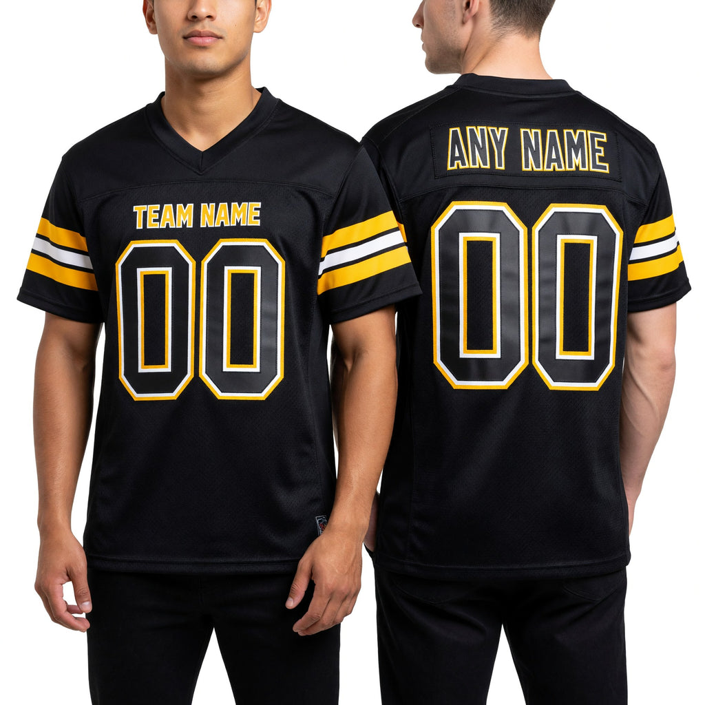 Custom Black White-Gold Mesh Authentic Football Jersey worn front and back