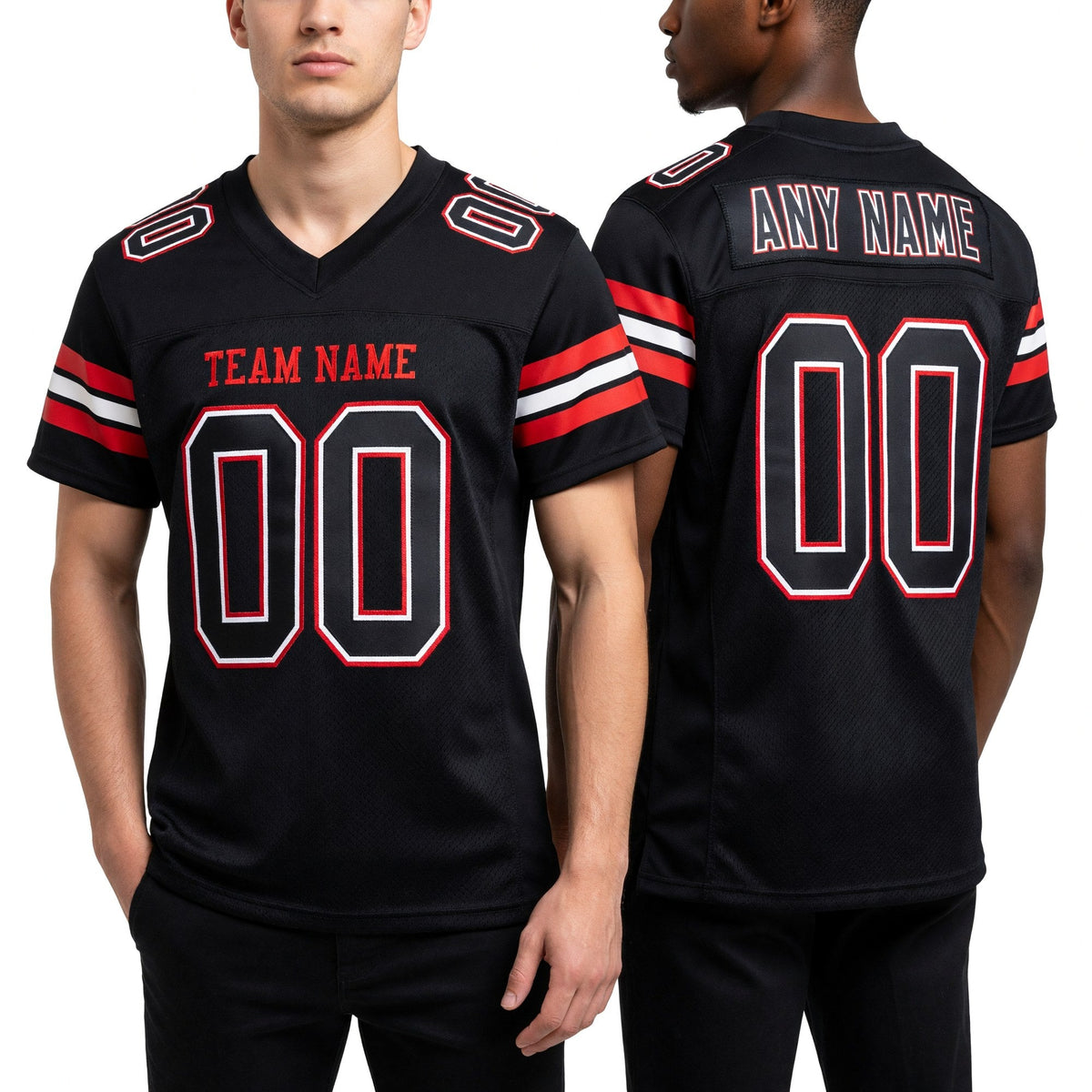 Custom Black White-Red Mesh Authentic Football Jersey worn front and back