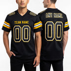 Custom Black White-Old Gold Mesh Authentic Football Jersey worn front and back