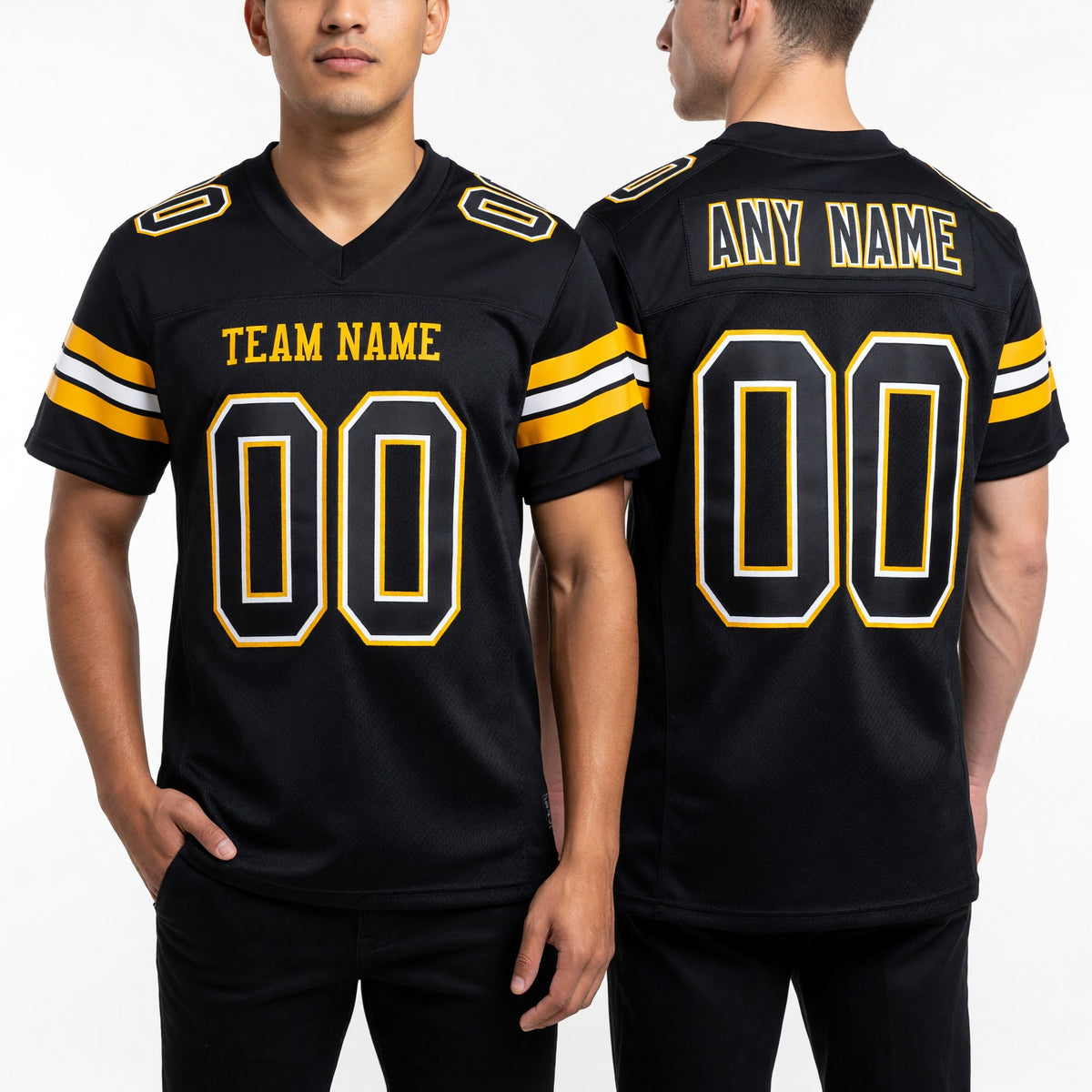 Custom Black White-Old Gold Mesh Authentic Football Jersey worn front and back