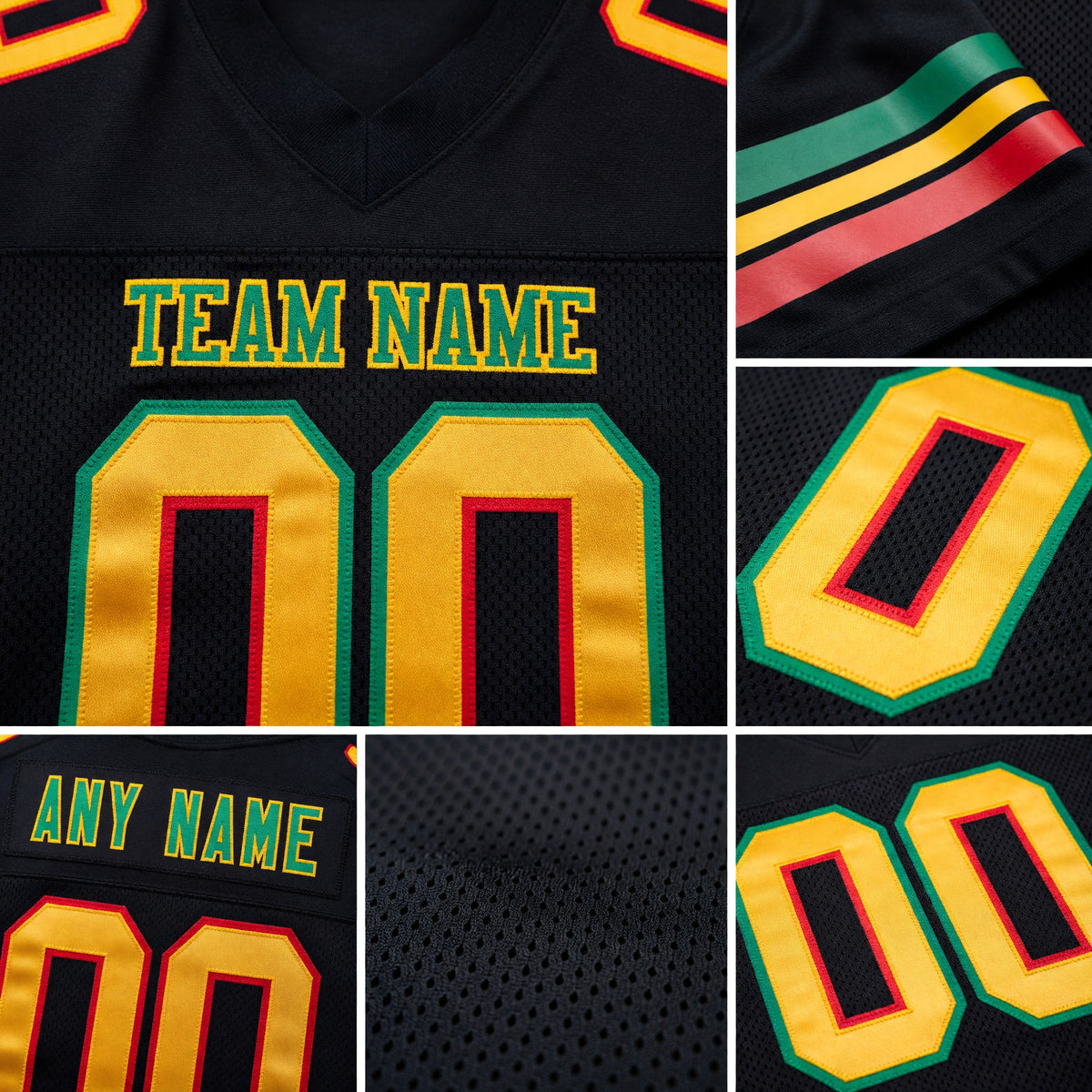 Custom Black Gold Red-Kelly Green Mesh Authentic Football Jersey detail