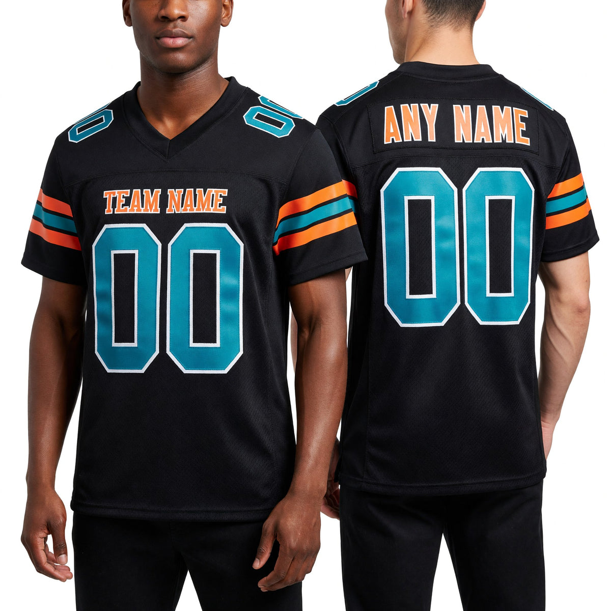Custom Black Teal-Texas Orange Mesh Authentic Football Jersey worn front and back