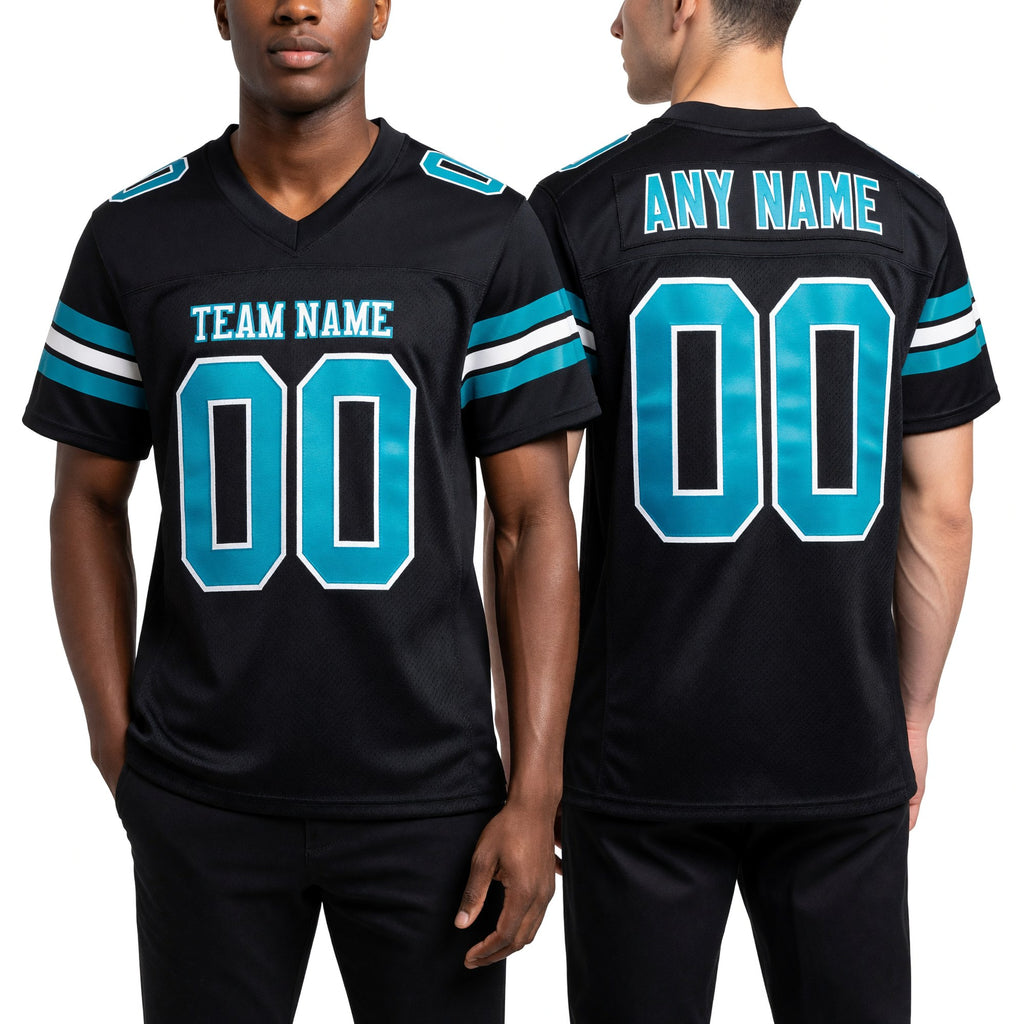 Custom Black Aqua-White Mesh Authentic Football Jersey worn front and back