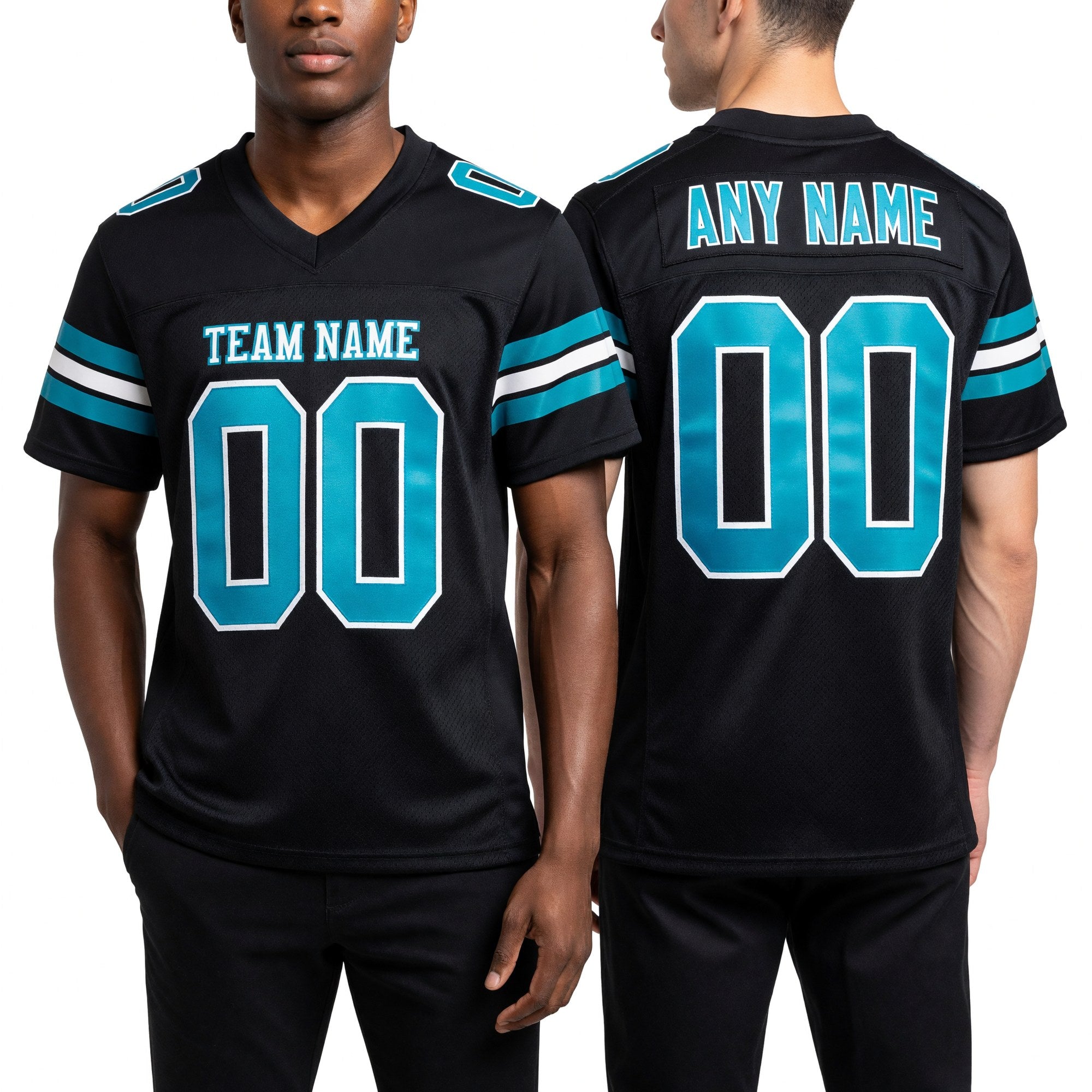 Custom Black Aqua-White Mesh Authentic Football Jersey worn front and back