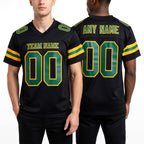 Custom Black Green-Gold Mesh Authentic Football Jersey worn front and back