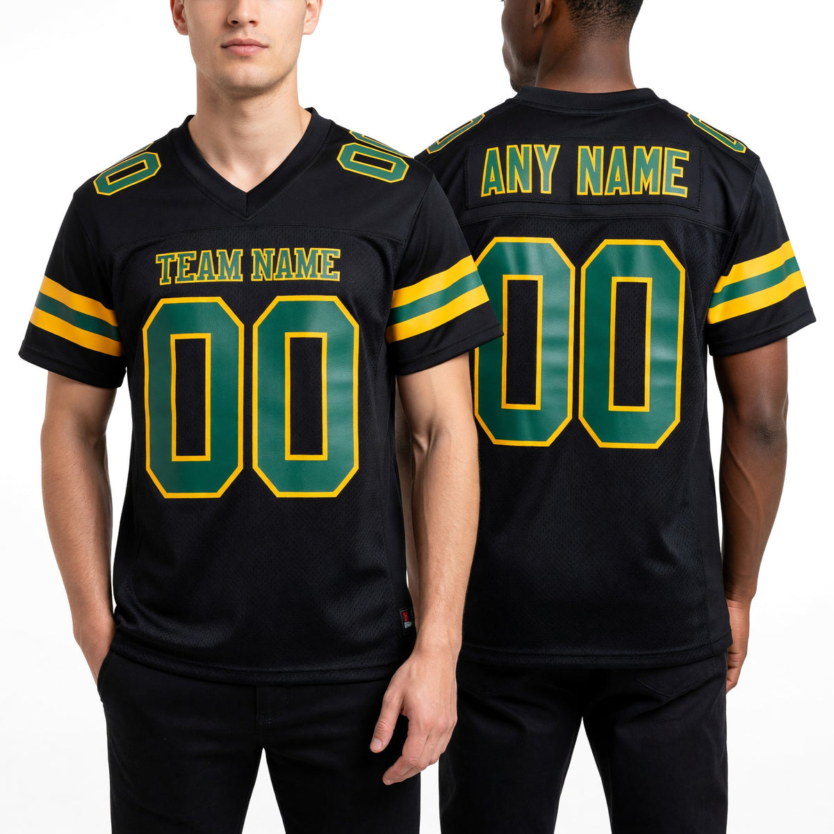 Custom Black Green-Gold Mesh Authentic Football Jersey worn front and back