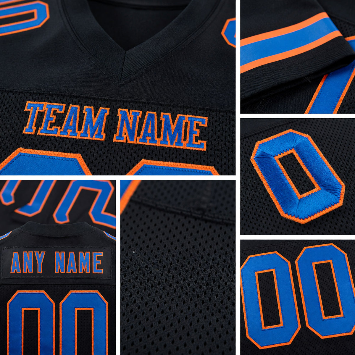 Custom Black Royal-Orange Mesh Authentic Football Jersey detail