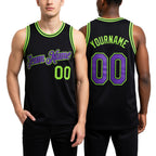 Custom Black Purple-Neon Green Authentic Throwback Basketball Jersey worn front and back