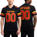 Custom Black Red-Gold Authentic Football Jersey worn front and back