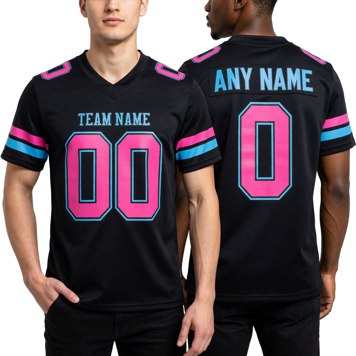 Custom Black Pink-Sky Blue Authentic Football Jersey worn front and back
