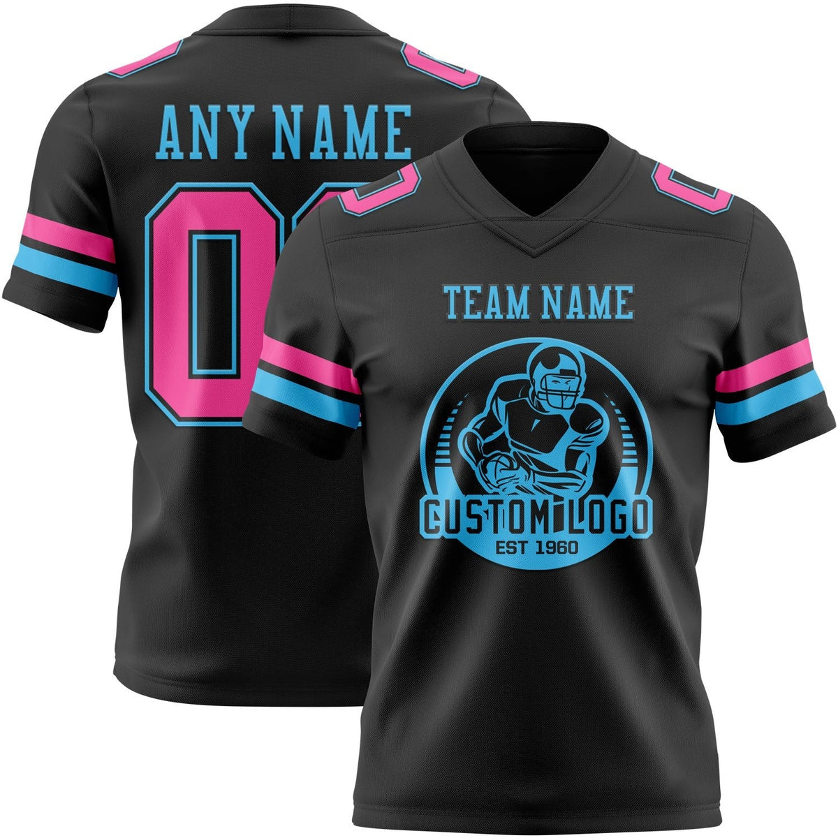 Custom Black Pink-Sky Blue Authentic Football Jersey photo 2