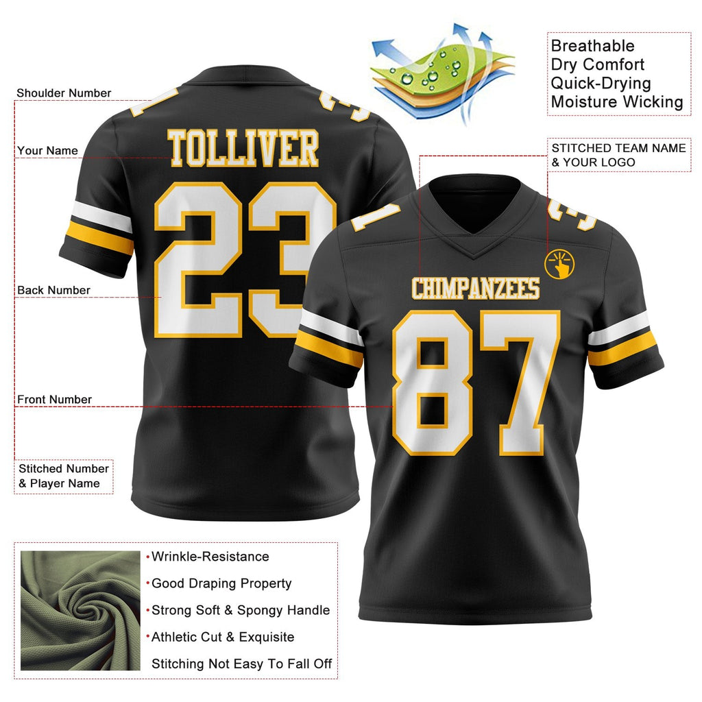 Custom Black White-Gold Authentic Football Jersey photo 3