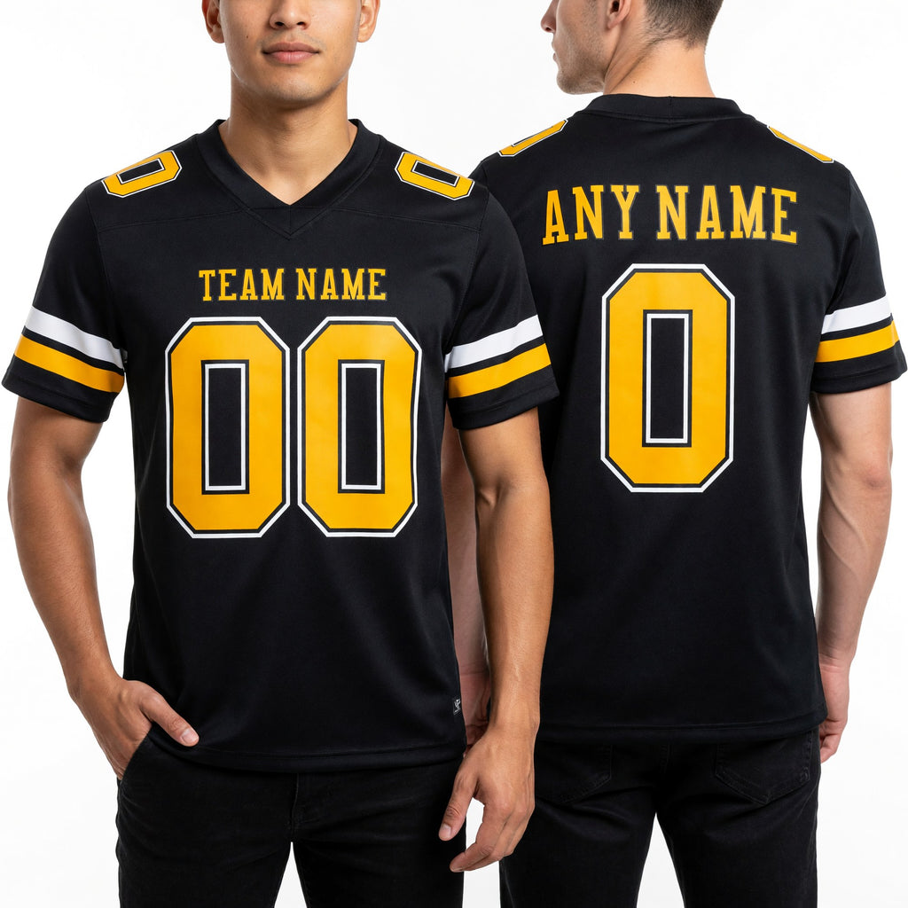 Custom Black Gold-White Authentic Football Jersey worn front and back