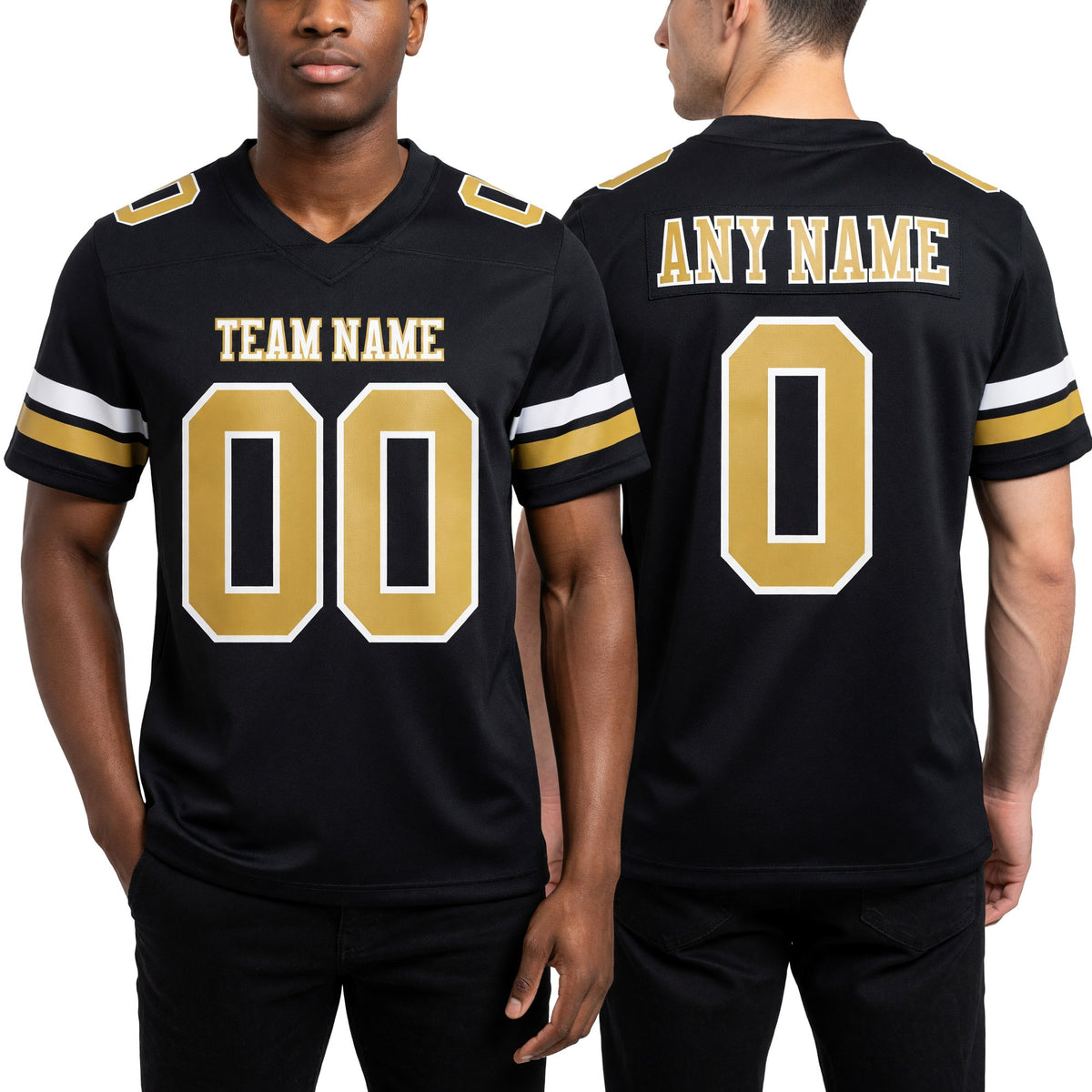 Custom Black Old Gold-White Authentic Football Jersey worn front and back