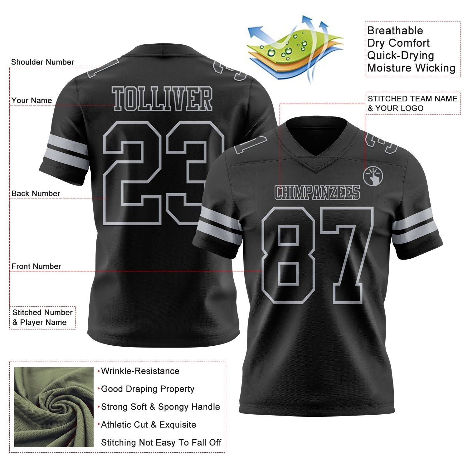 Custom Black Gray Authentic Football Jersey photo 3