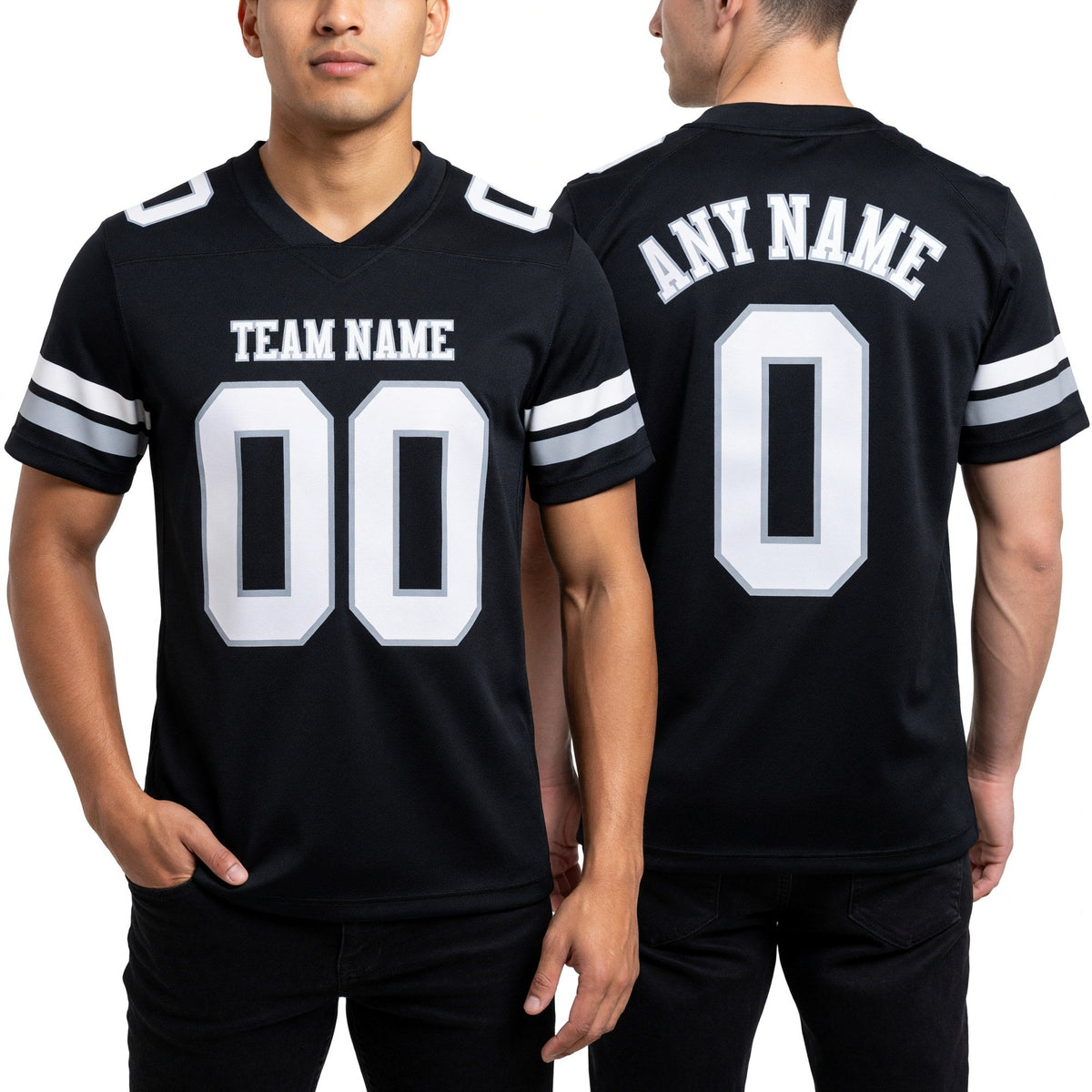 Custom Black White-Gray Authentic Football Jersey worn front and back