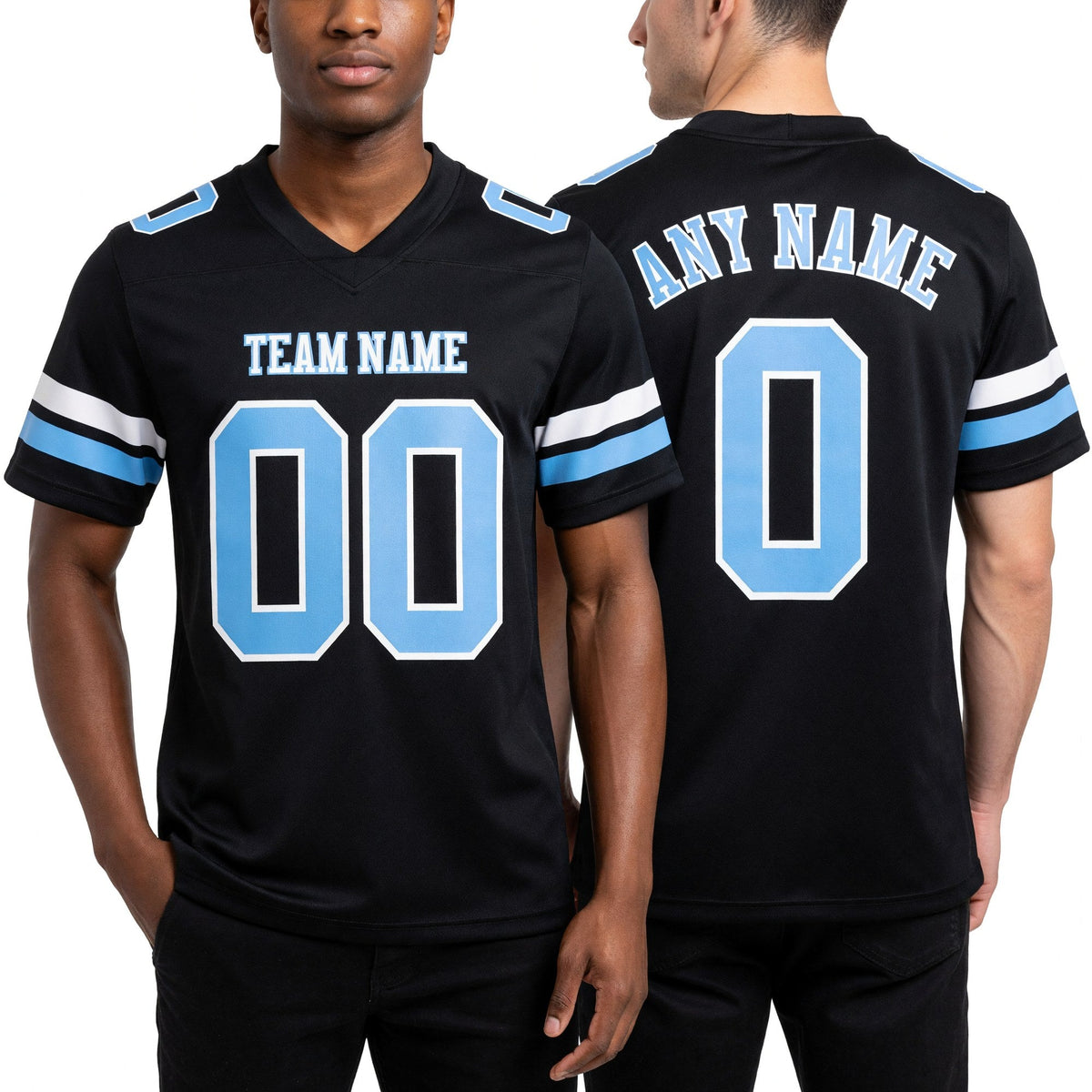 Custom Black Light Blue-White Authentic Football Jersey worn front and back