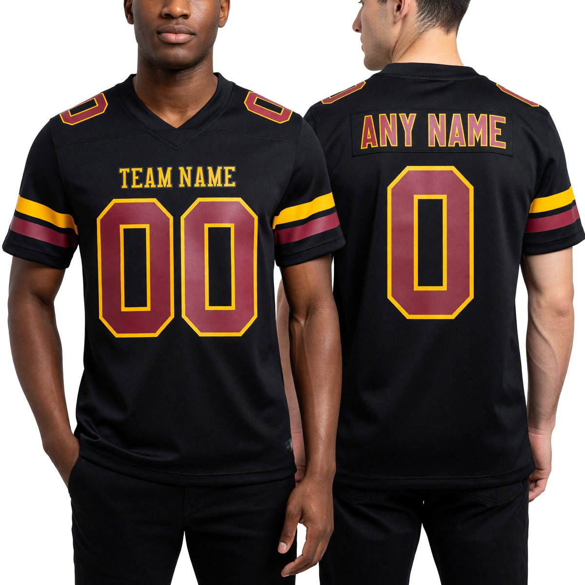 Custom Black Cardinal-Gold Authentic Football Jersey worn front and back