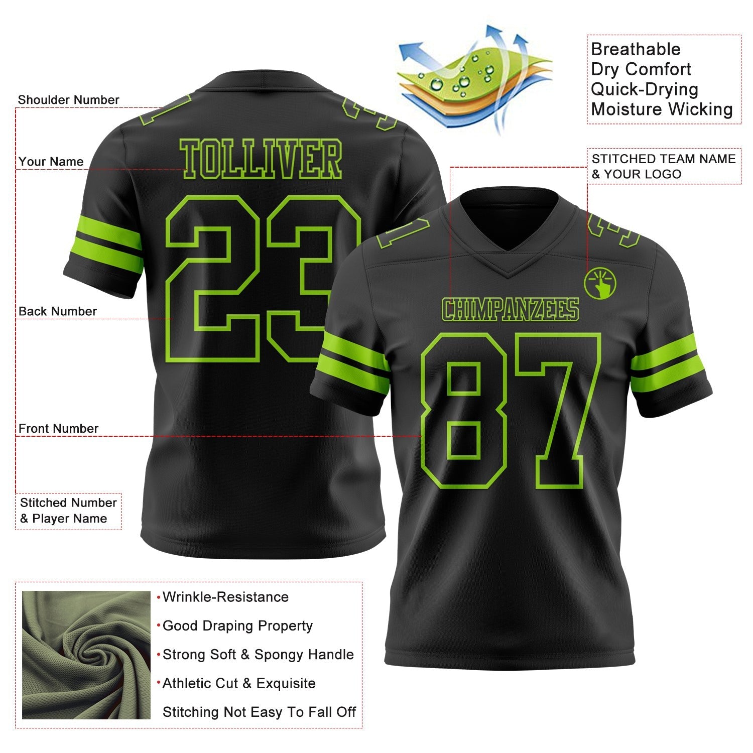 Custom Black Neon Green Authentic Football Jersey photo 3
