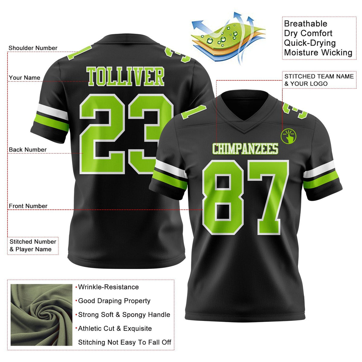 Custom Black Neon Green-White Authentic Football Jersey photo 3