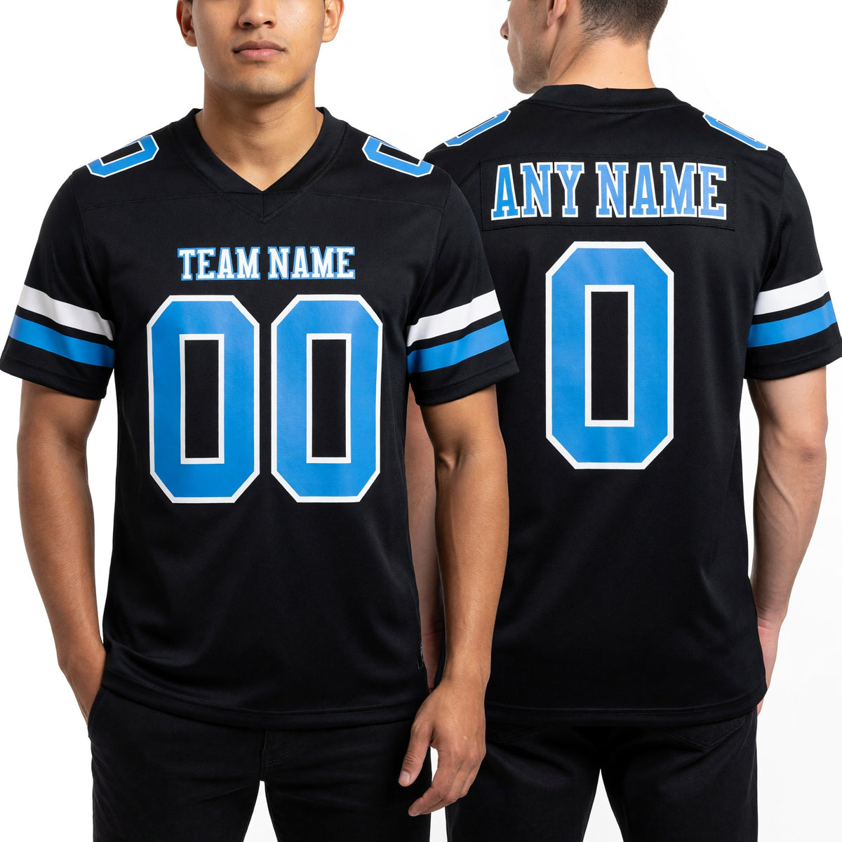 Custom Black Powder Blue-White Authentic Football Jersey worn front and back