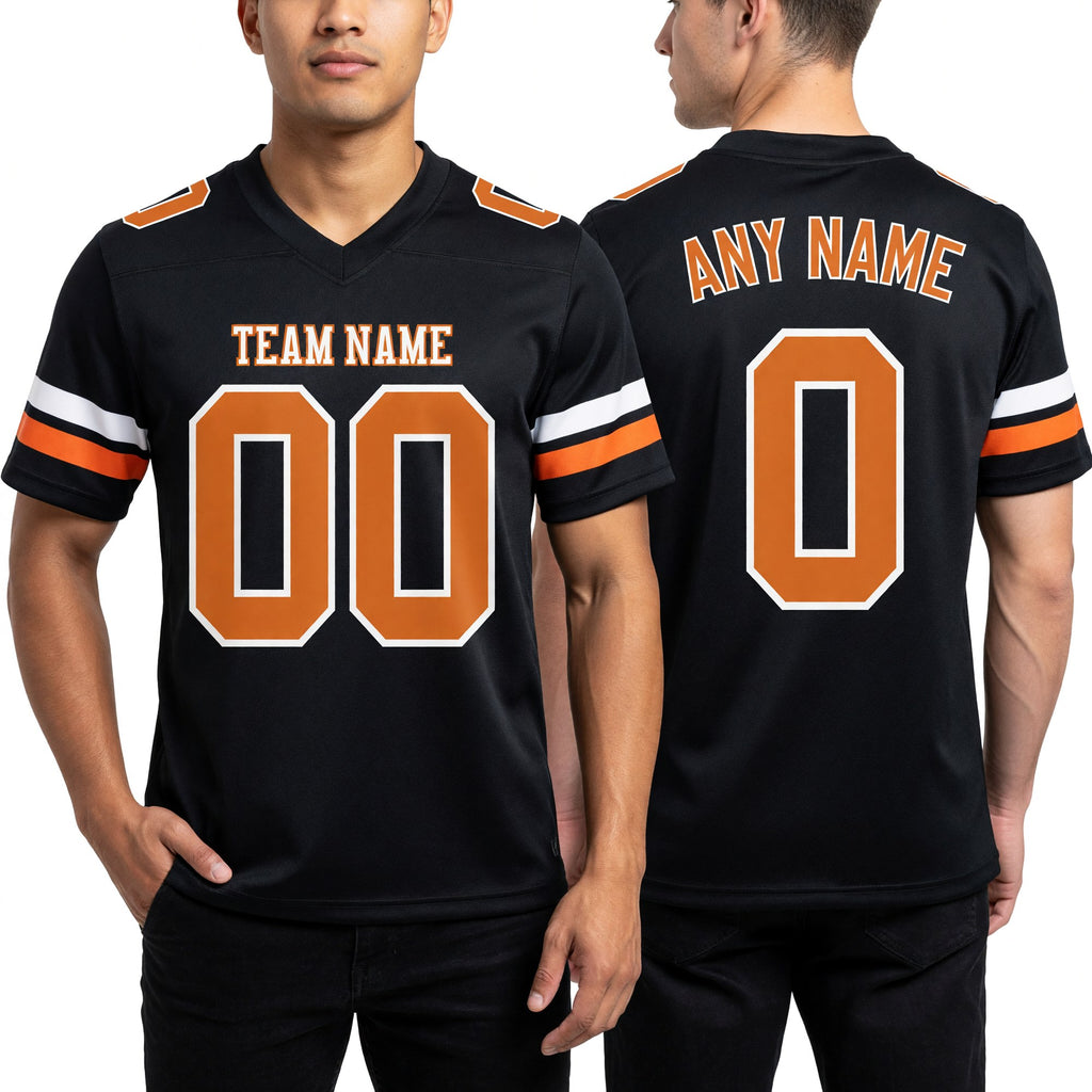 Custom Black Texas Orange-White Authentic Football Jersey worn front and back