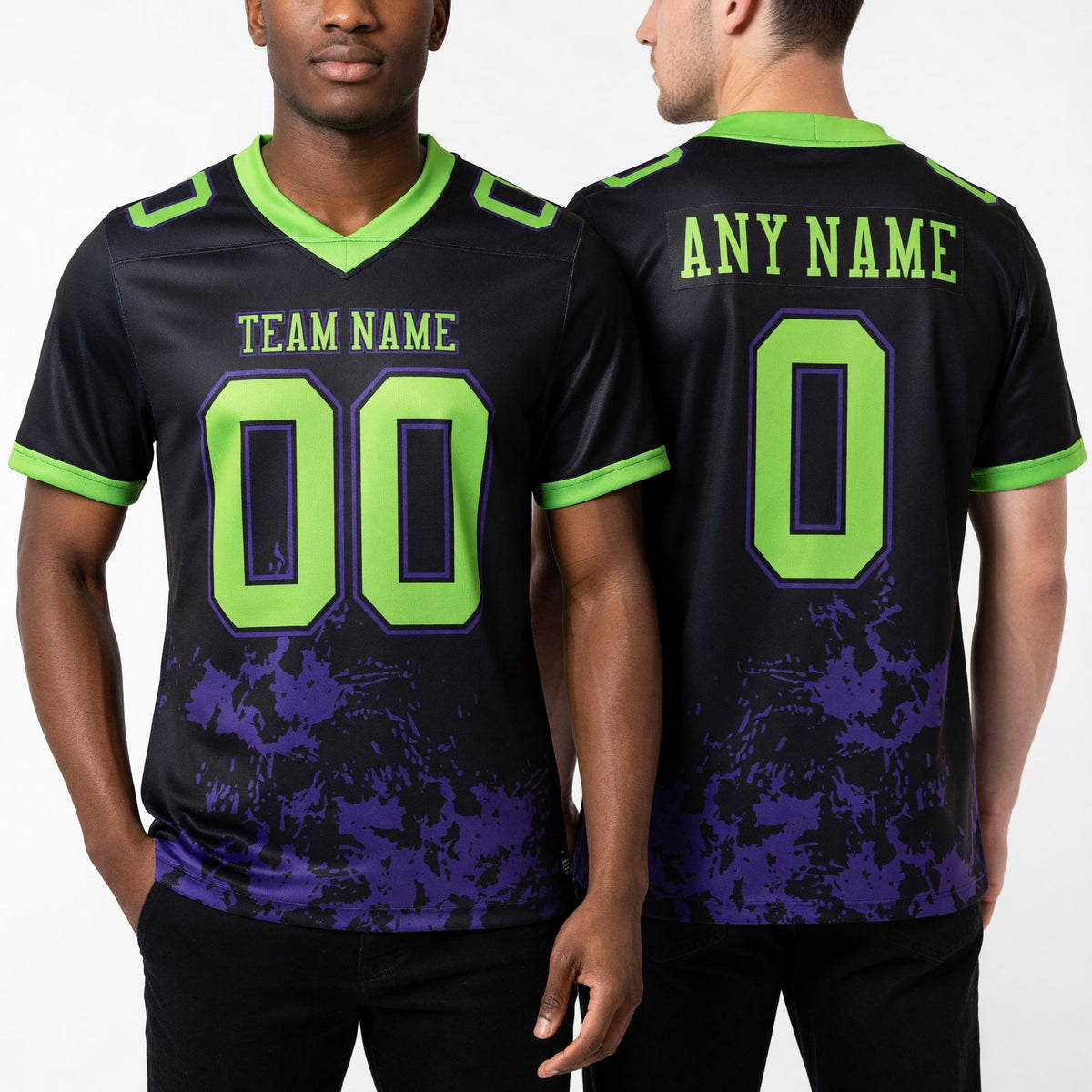 Custom Black Neon Green-Purple 3D Pattern Splash Authentic Football Jersey worn front and back