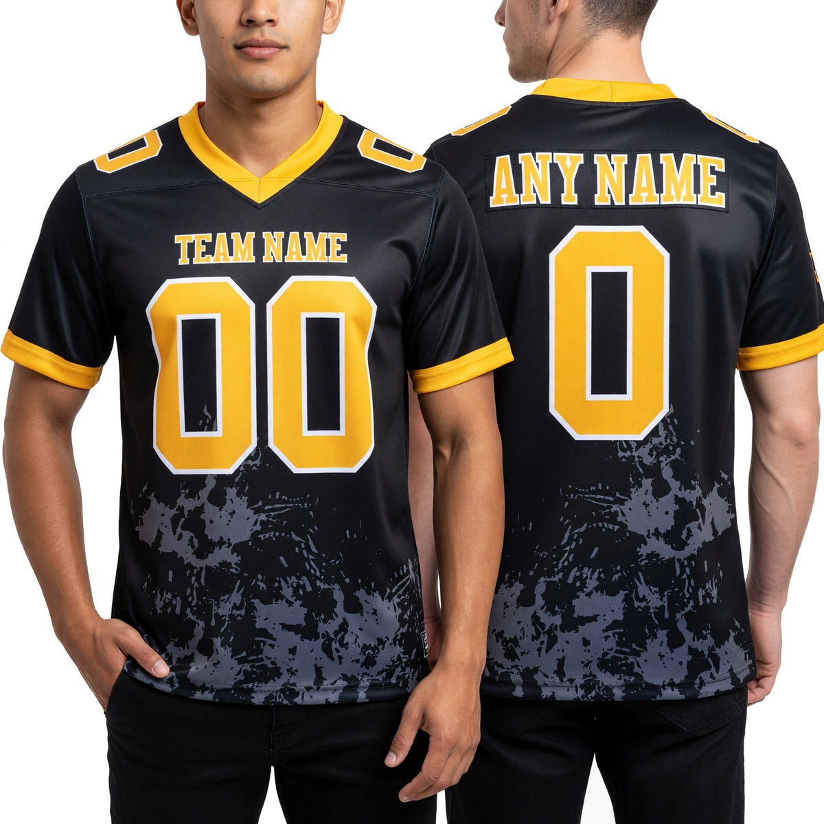 Custom Black Yellow Steel Gray-White 3D Pattern Splash Authentic Football Jersey worn front and back