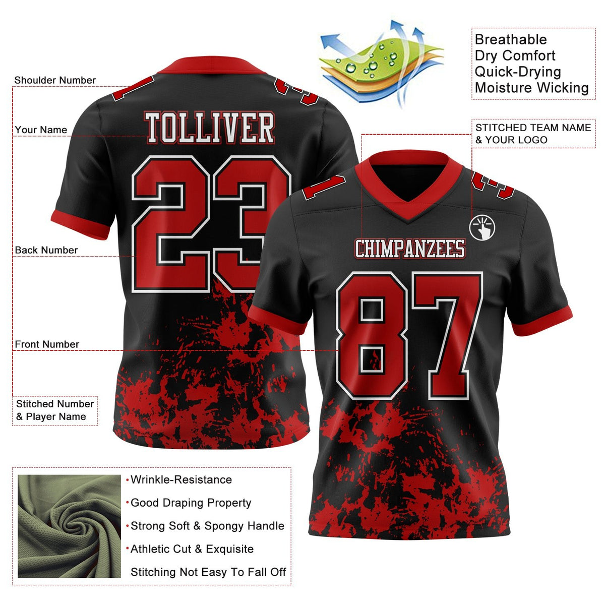 Custom Black Red-White 3D Pattern Splash Authentic Football Jersey photo 3