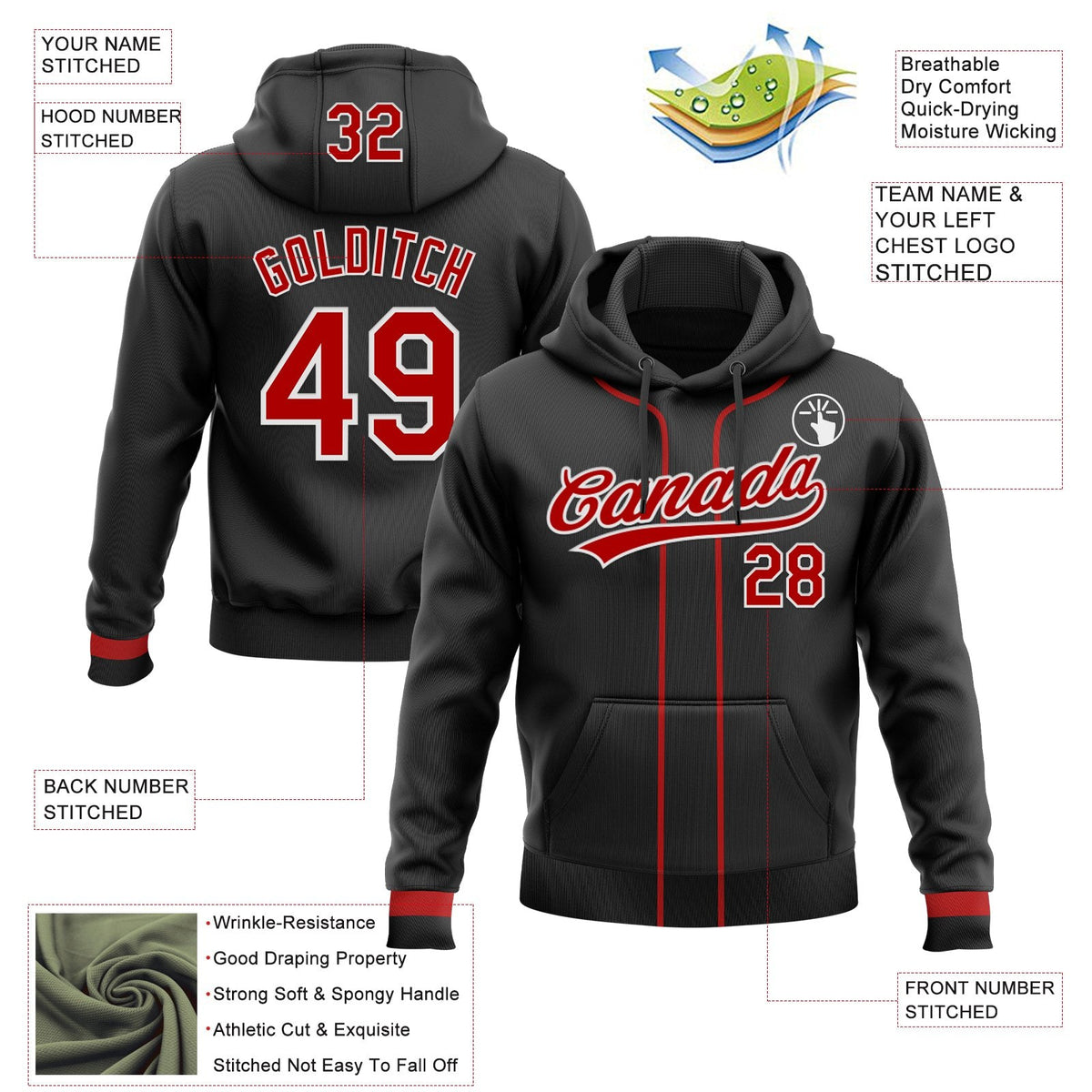 Custom Stitched Black Red-White Baseball Pullover Sweatshirt Hoodie photo 2