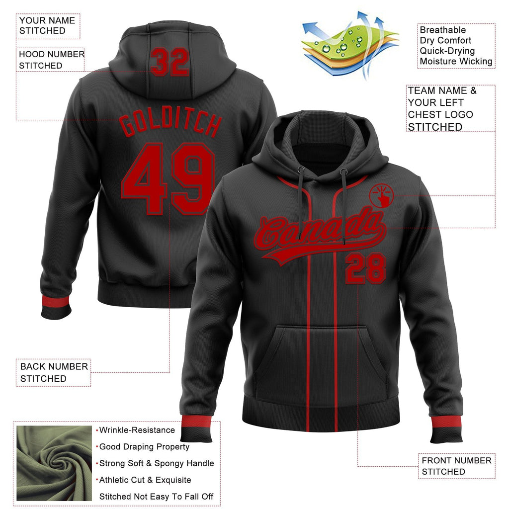 Custom Stitched Black Red Baseball Pullover Sweatshirt Hoodie photo 2
