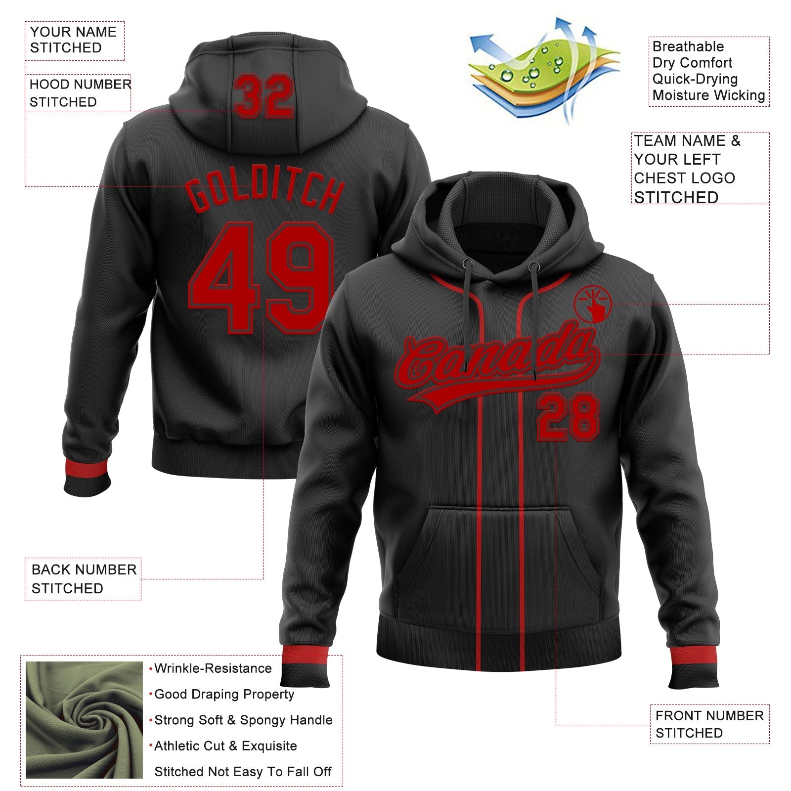 Custom Stitched Black Red Baseball Pullover Sweatshirt Hoodie photo 2