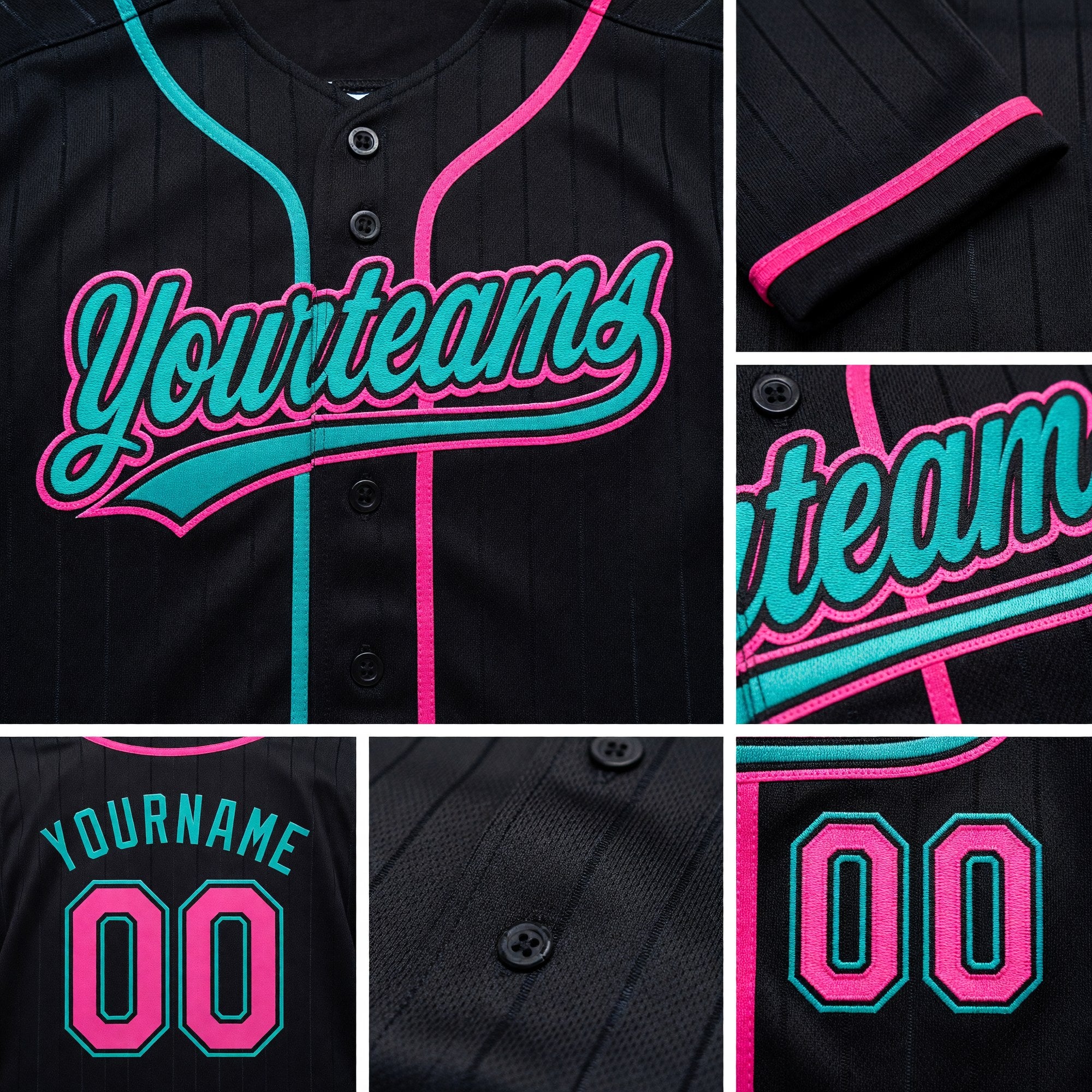 Custom Stitched Black Pink-Aqua Baseball Pullover Sweatshirt Hoodie detail