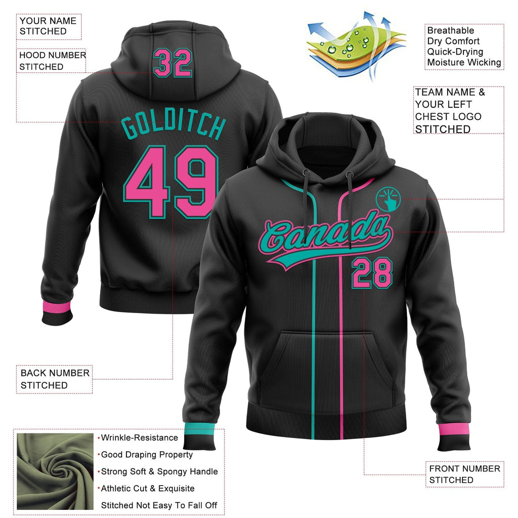 Custom Stitched Black Pink-Aqua Baseball Pullover Sweatshirt Hoodie photo 2