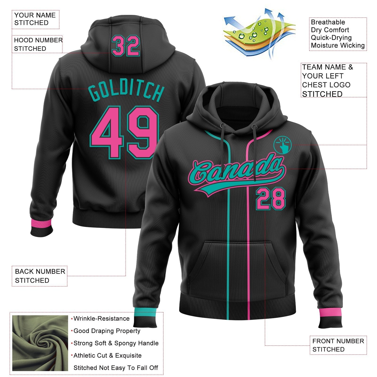 Custom Stitched Black Pink-Aqua Baseball Pullover Sweatshirt Hoodie photo 2