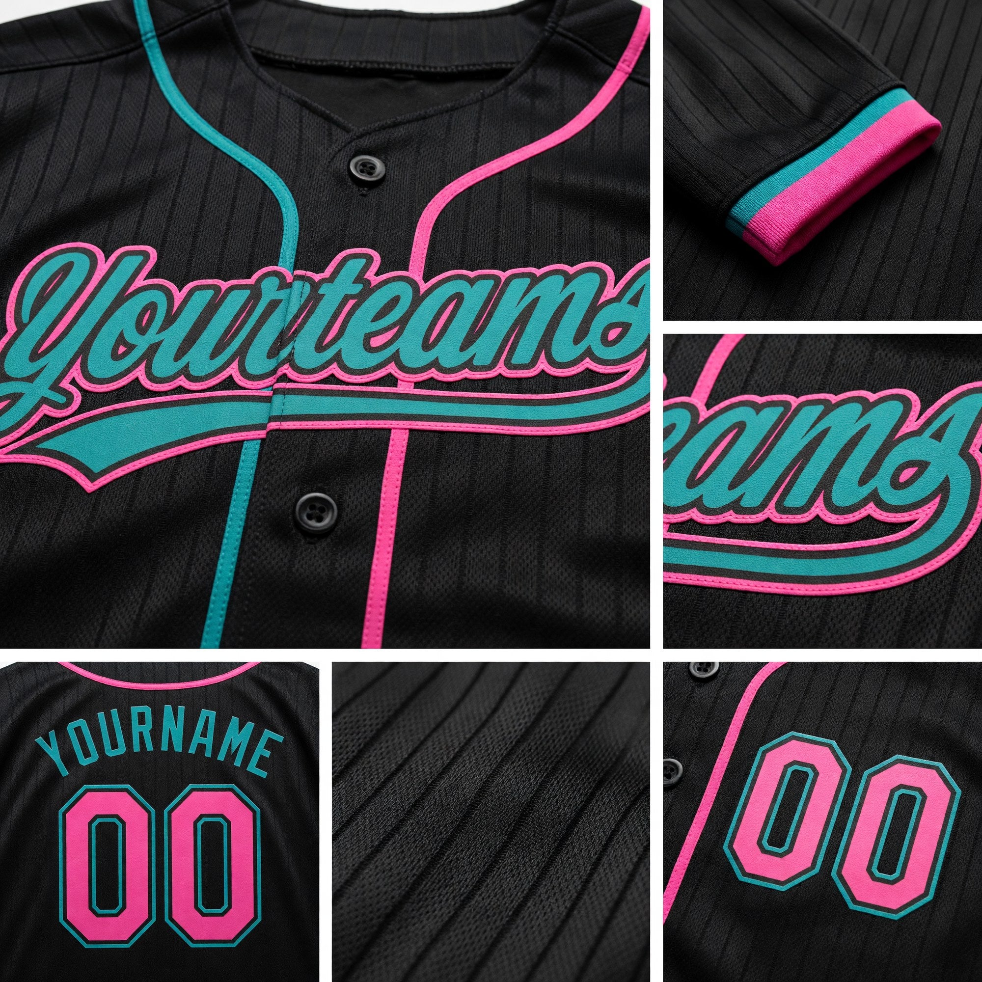 Custom Stitched Black Pink-Teal Baseball Pullover Sweatshirt Hoodie detail