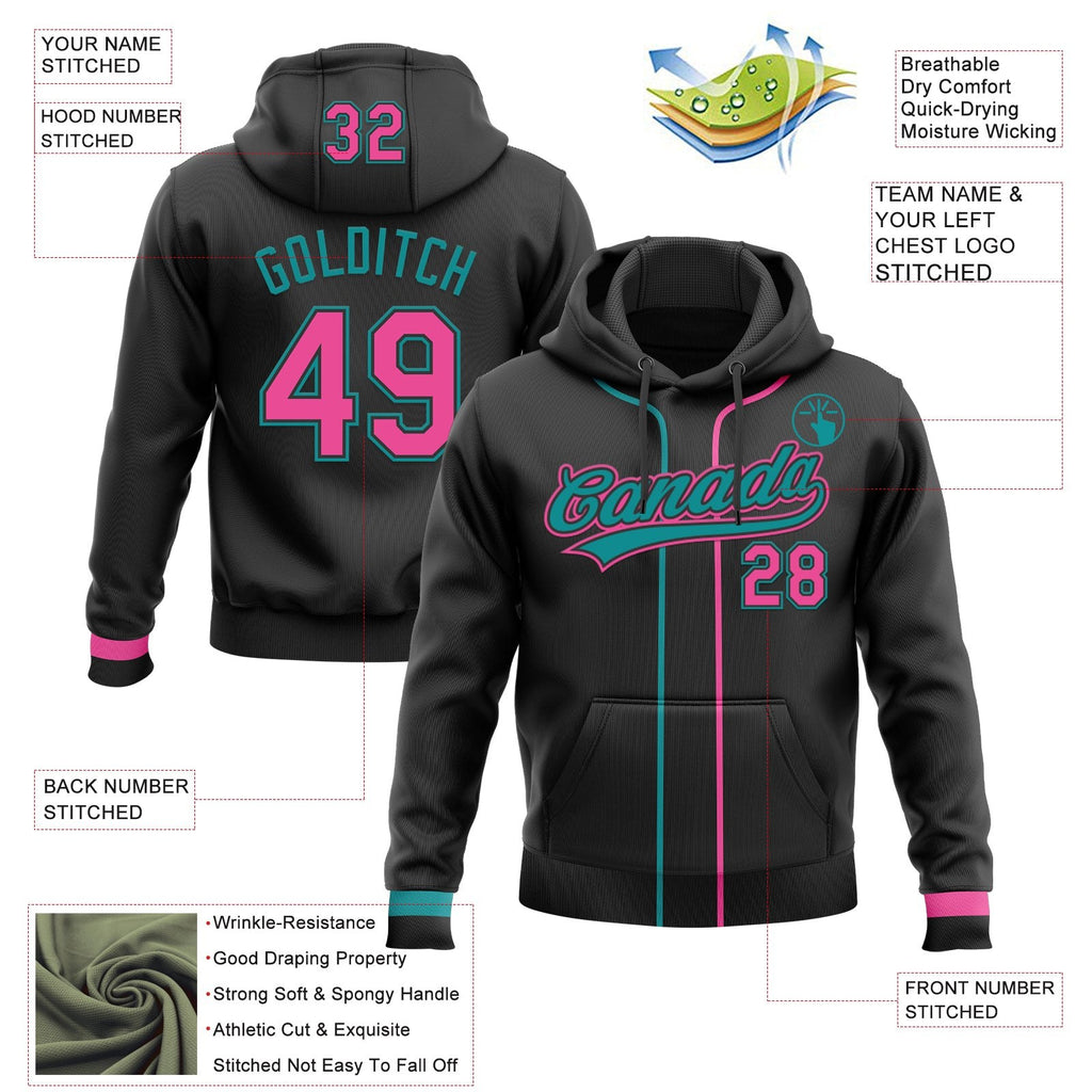 Custom Stitched Black Pink-Teal Baseball Pullover Sweatshirt Hoodie photo 2