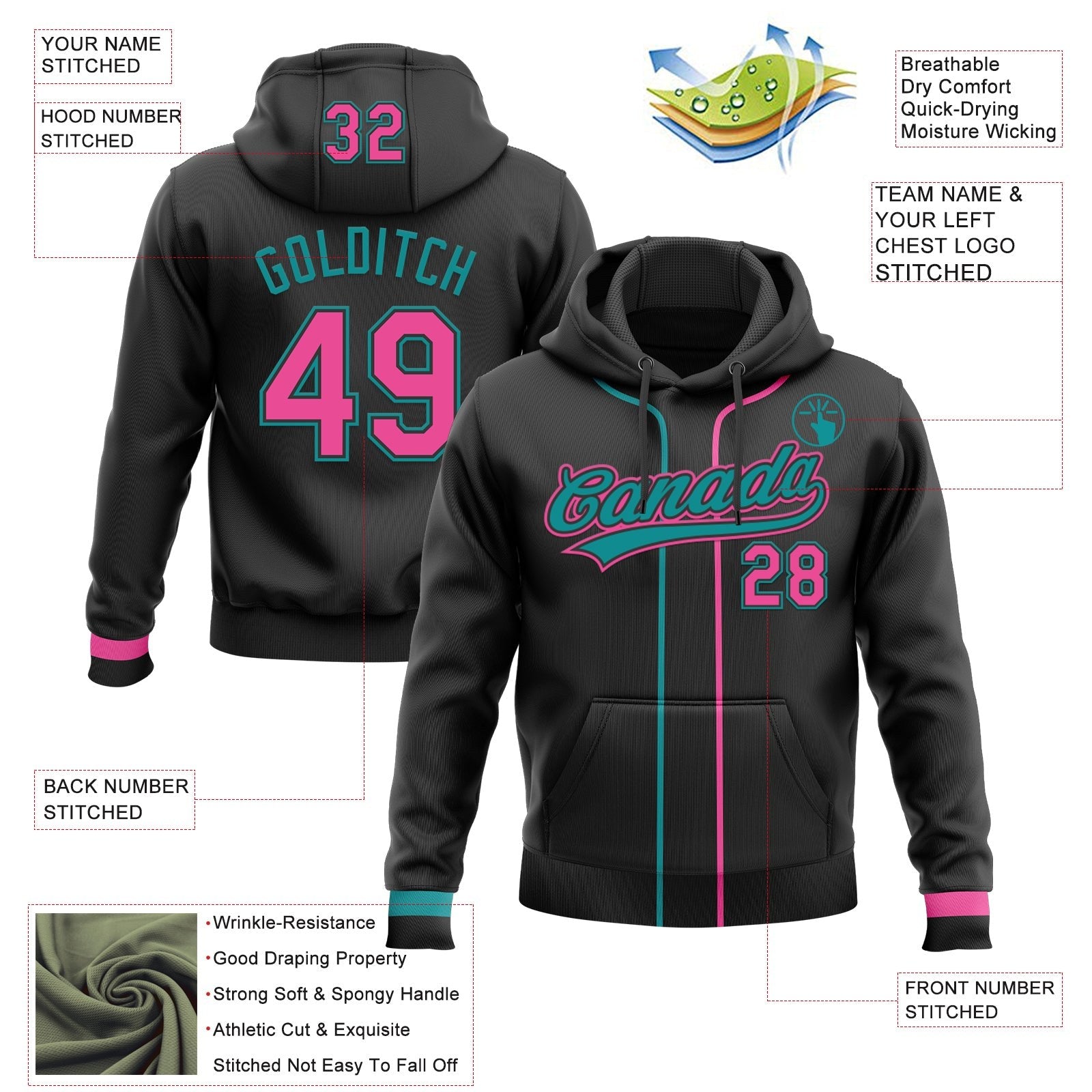 Custom Stitched Black Pink-Teal Baseball Pullover Sweatshirt Hoodie photo 2