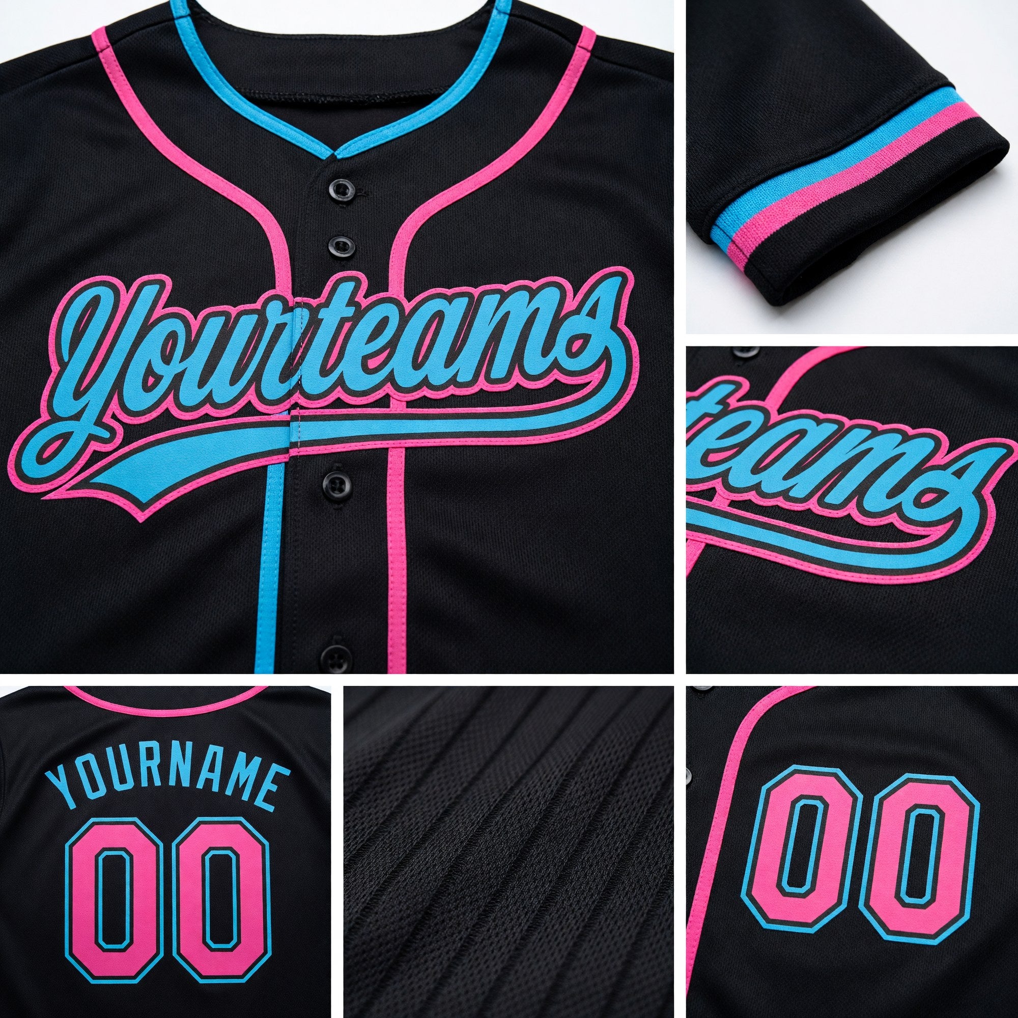Custom Stitched Black Pink-Sky Blue Baseball Pullover Sweatshirt Hoodie detail